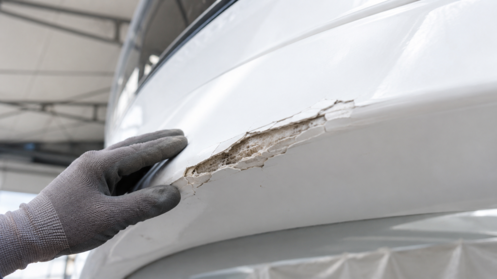 Boat and Yacht Fiberglass and Gelcoat Repair in Mallorca Fiberglass and gelcoat damage on a yacht in Mallorca